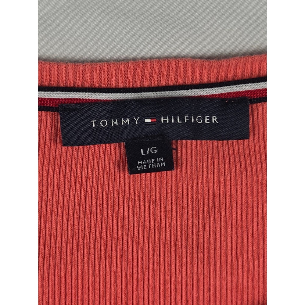 Tommy Hilfiger Global Lace Up Ribbed Henley Top Sz L Coral 3/4 Sleeve - Picture 11 of 14